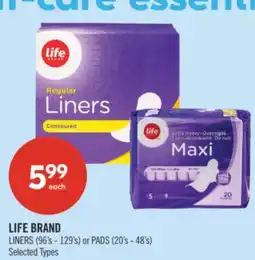 Shoppers Drug Mart LIFE BRAND LINERS (96's - 129's) or PADS (20's - 48's) offer