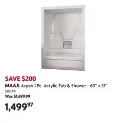 Home Hardware Aspen 1 Pc. Acrylic Tub & Shower - 60 x 31 offer