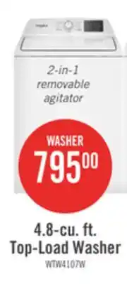 The Brick Whirlpool 4.8 Cu. Ft. Top Load Washer with 2-in-1 Removable Agitator - WTW4107SW offer