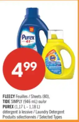 Pharmaprix FLEECY Sheets (80), TIDE SIMPLY (946 mL) or PUREX (1,17 L - 1,18 L) Laundry Detergent offer