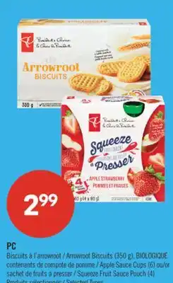 Pharmaprix PC Arrowroot Biscuits (350 g), BIOLOGIQUE Apple Sauce Cups (6) or Squeeze Fruit Sauce Pouch (4) offer
