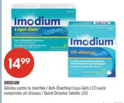 Pharmaprix IMODIUM Anti-Diarrheal Liqui-Gels (12) or Quick Dissolve Tablets (10) offer
