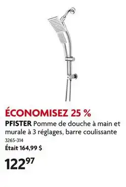 Home Hardware Pomme de douche à main et murale à 3 réglages, barre coulissante offer