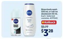 Walmart Nivea body wash 500 mL or roll-on deodorant 50 mL offer