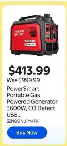 Walmart PowerSmart Portable Gas Powered Generator 3600W, CO Detect USB offer