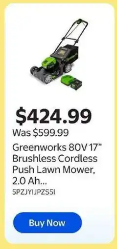Walmart Greenworks 80V 17” Brushless Cordless Push Lawn Mower, 2.0 Ah offer