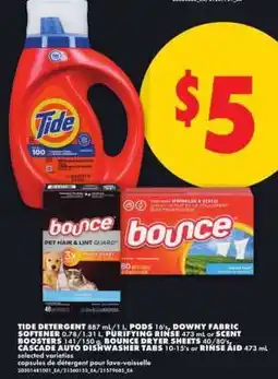 No Frills Tide Detergent, Bounce Dryer Sheets, Downy Fabric Softener, Cascade Auto Dishwasher Tabs offer