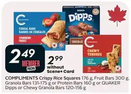 Sobeys Compliments crispy rice squares fruit bars granola bars or protein barsor quaker dipps or chewy granola bars offer