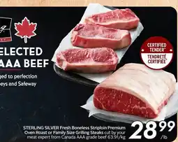 Sobeys Sterling silver fresh boneless striploin premium oven roast or family size grilling steaks offer