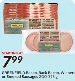 Sobeys Greenfield bacon, back bacon, wieners or smoked sausages offer