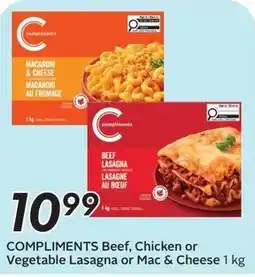 Sobeys Compliments beef, chicken or vegetable lasagna or mac & cheese offer