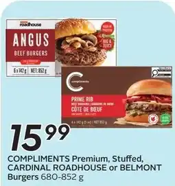 Sobeys Compliments premium, stuffed, cardinal roadhouse or belmont burgers offer
