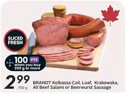 Sobeys Brandt kolbassa coil, loaf, krakowska all beef salami or beerwurst sausage offer