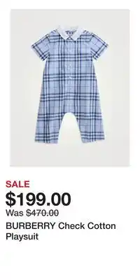 Holt Renfrew BURBERRY Check Cotton Playsuit offer