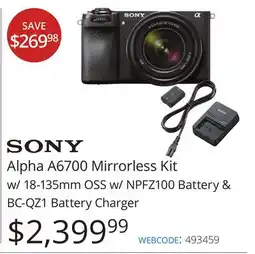 Vistek SONY Alpha A6700 Mirrorless Kit w/ 18-135mm OSS w/ NPFZ100 Battery & BC-QZ1 Battery Charger offer