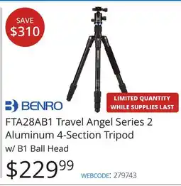 Vistek BENRO FTA28AB1 Travel Angel Series 2 Aluminum 4-Section Tripod w/ B1 Ball Head offer