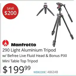 Vistek Manfrotto 290 Light Aluminium Tripod w/ Befree Live Fluid Head & Bonus PIXI Mini Table Top Tripod offer