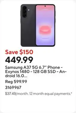 Staples Samsung A37 5G 6.7 Phone - Exynos 1480 - 128 GB SSD - Android 16.0 - Charcoal offer