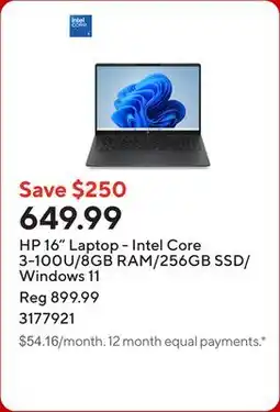 Staples HP 16 Laptop - Intel Core 3-100U/8GB RAM/256GB SSD/Windows 11 offer