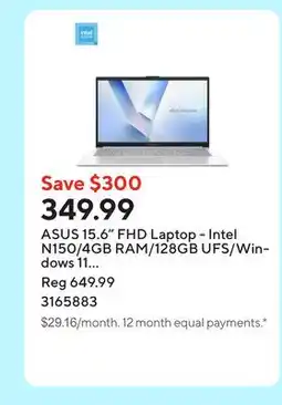 Staples ASUS 15.6 FHD Laptop - Intel N150/4GB RAM/128GB UFS/Windows 11 with 1-year of Microsoft 365 Personal offer