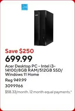 Staples Acer Desktop PC - Intel i3-14100/8GB RAM/512GB SSD/Windows 11 Home offer