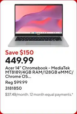 Staples Acer 14 Chromebook - MediaTek MT8189/4GB RAM/128GB eMMC/Chrome OS with 3 months of Google AI Pro offer
