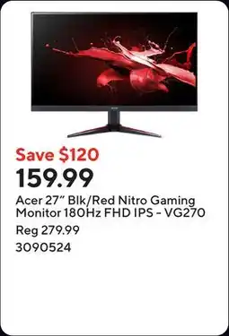 Staples Acer 27 Blk/Red Nitro Gaming Monitor 180Hz FHD IPS - VG270 offer