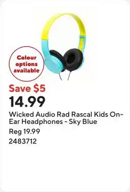 Staples Wicked Audio Rad Rascal Kids On-Ear Headphones - Sky Blue offer