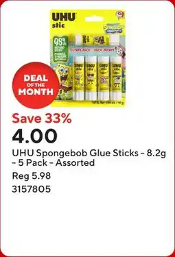 Staples UHU Spongebob Glue Sticks - 8.2g - 5 Pack - Assorted offer