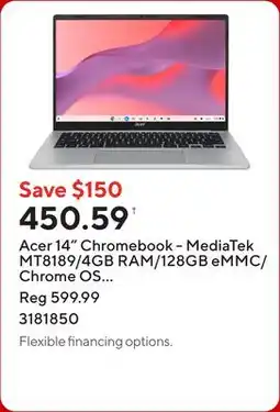 Staples Acer 14 Chromebook - MediaTek MT8189/4GB RAM/128GB eMMC/Chrome OS with 3 months of Google AI Pro offer