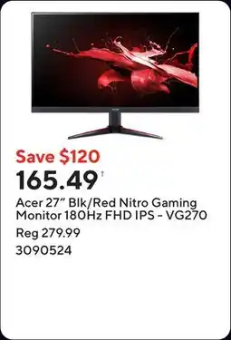Staples Acer 27 Blk/Red Nitro Gaming Monitor 180Hz FHD IPS - VG270 offer