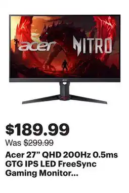 Best Buy Acer 27 QHD 200Hz 0.5ms GTG IPS LED FreeSync Gaming Monitor (XV270U X1) - Black offer