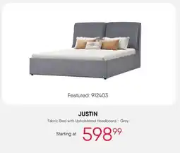 Meubles RD JUSTIN Fabric Bed with Upholstered Headboard - Grey offer