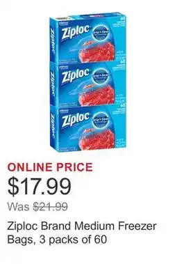 Costco Ziploc Brand Medium Freezer Bags, 3 packs of 60 offer