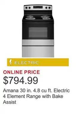 Costco Amana 30 in. 4.8 cu ft. Electric 4 Element Range with Bake Assist offer