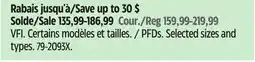 Canadian Tire PFDs. Selected sizes and types offer