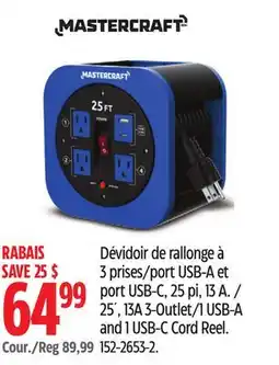Canadian Tire 25´, 13A 3-Outlet/1 USB-A and 1 USB-C Cord Reel offer