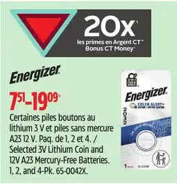Canadian Tire Energizer Selected 3V Lithium Coin and 12V A23 Mercury-Free Batteries. 1, 2, and 4-Pk offer