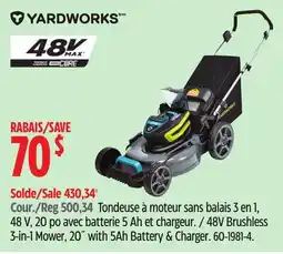 Canadian Tire Yardworks 48V Brushless 3-in-1 Mower, 20 with 5Ah Battery & Charger offer