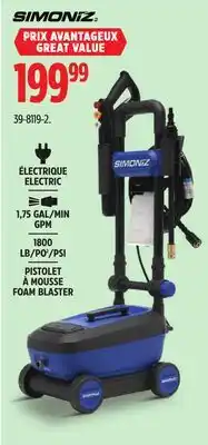 Canadian Tire SIMONIZ ÉLECTRIQUE, 1,75 GAL/MIN GPM, 1800 LB PSI/PSI OR PISTOLET À MOUSSE FOAM BLASTER offer