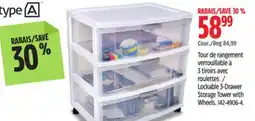Canadian Tire TYPE A Lockable 3-Drawer Storage Tower with Wheels offer