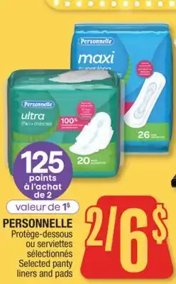 Jean Coutu PERSONNELLE Selected panty liners and pads offer