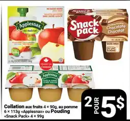 Pasquier Collation aux fruits 4 x 90g, au pomme ou Pouding 6 x 113g Applesnax ou Pouding Snack Pack 4 x 99g offer