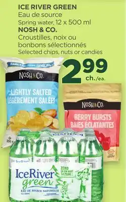 Proxim ICE RIVER GREEN Spring water, NOSH & CO. Selected chips, nuts or candies offer