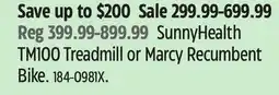 Canadian Tire SunnyHealth TM100 Treadmill or Marcy Recumbent Bike offer