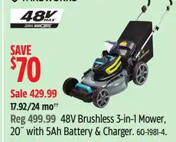 Canadian Tire YARDWORKS 48V Brushless 3-in-1 Mower, 20 with 5Ah Battery & Charger offer