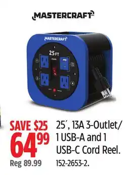 Canadian Tire Mastercraft 25', 13A 3-Outlet/1 USB-A and 1 USB-C Cord Reel offer