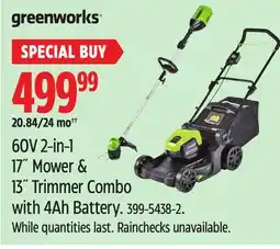 Canadian Tire Greenworks 60V 2-in-1 17 Mower & 13 Trimmer Combo with 4Ah Battery offer