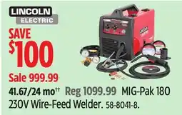 Canadian Tire Lincoln Electric MIG-Pak 180 230V Wire-Feed Welder offer