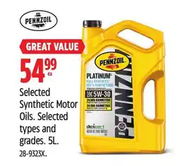 Canadian Tire PENNZOIL Selected Synthetic Motor Oils offer